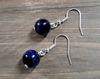 Blue Tiger's Eye Earrings- 925 Sterling Silver Real Stone Earrings- Midnight Blue Cat Eye Stone- Dainty Blue Tiger Eye Bead Galaxy Earrings