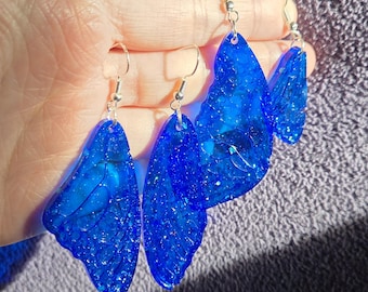 Cerulean Blue Butterfly Wing Earrings- Handmade Expoxy Resin 925 Sterling Silver Plated Royal Blue Glitter Sparkly Butterfly Wings Earrings