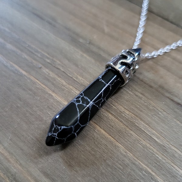 Snowflake Obsidian Stone Necklace 925 Sterling Silver Handmade Real Stone Marbled Black Stone Obsidian Crystal Point Vampire Amulet Necklace