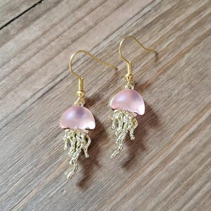 Salmon Pink Sea Glass Jellyfish Earrings- 18k Gold Glass Jellyfish Dangle Earrings- Summer Pink Jellyfish Ocean Sea Life Nautical Earrings