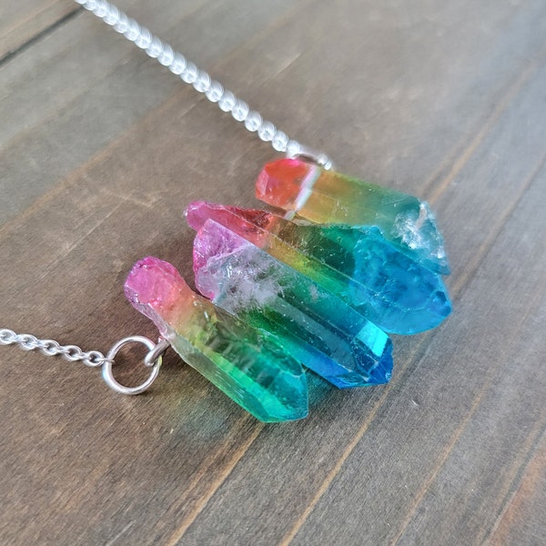 Rainbow Quartz Shards Natural Stone Necklace- 925 Sterling Silver Necklace Handmade Real Crystal Pendant Rainbow Stone LGBTQ+ Pride Necklace