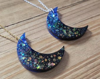 Astral Glitter Indigo Moon Necklace- 18k Gold 925 Sterling Silver Plated Black Blue Resin Glitter Crescent Half Moon Goth Witchy Necklace