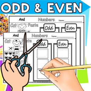 Peut inclure: Une feuille de travail imprimable en noir et blanc avec les mots "Odd & Even" en haut. La feuille de travail est divisée en deux sections, une pour les nombres impairs et une pour les nombres pairs. Il y a des espaces pour que les élèves écrivent des nombres dans chaque section. La feuille de travail est conçue pour que les élèves découpent et collent des nombres dans la section correcte.