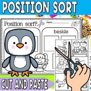 Puede incluir: Una hoja de trabajo "Position Sort" con un pingüino de dibujos animados y las palabras "Cut and Paste". La hoja de trabajo incluye la palabra "beside" e imágenes de personas y objetos. Una mano sostiene unas tijeras, lista para cortar.