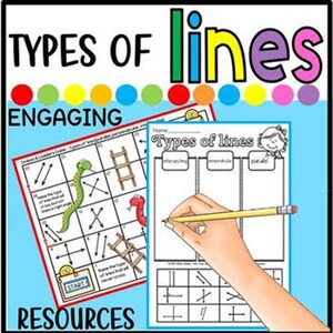 Puede incluir: Recursos educativos con el texto "TYPES OF lines" y "ENGAGING RESOURCES". La imagen incluye hojas de trabajo sobre tipos de líneas, una mano sosteniendo un lápiz y un juego de la escalera con serpientes y escaleras.