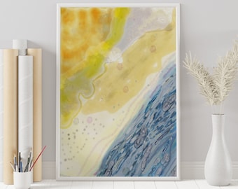 The Beach - Blue Yellow Watercolor Brush Stroke Painting, Abstract Digital Art, Printable Wall Art, Instant Download