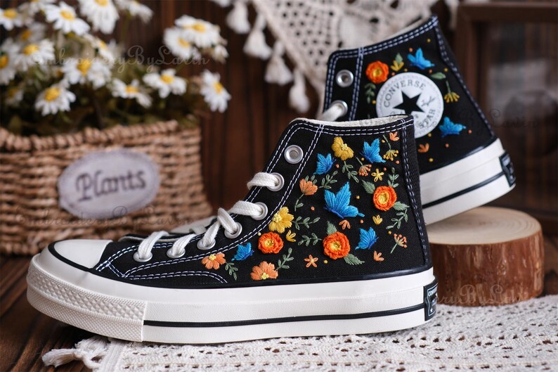 Converse Butterfly Embroidered Shoes, 1970s Converse Chuck Taylor