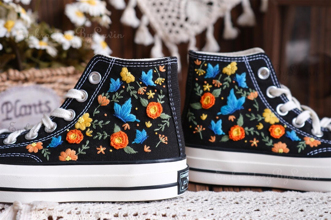Converse Butterfly Embroidered Shoes, 1970s Converse Chuck Taylor