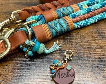 Rope collar and/or leash for dogs, adjustable, whisky, petrol, turquoise, extra wide rope collar