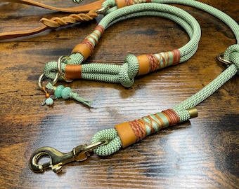 Rope dog collar and leash for dogs, martingale style, mint, green, gold