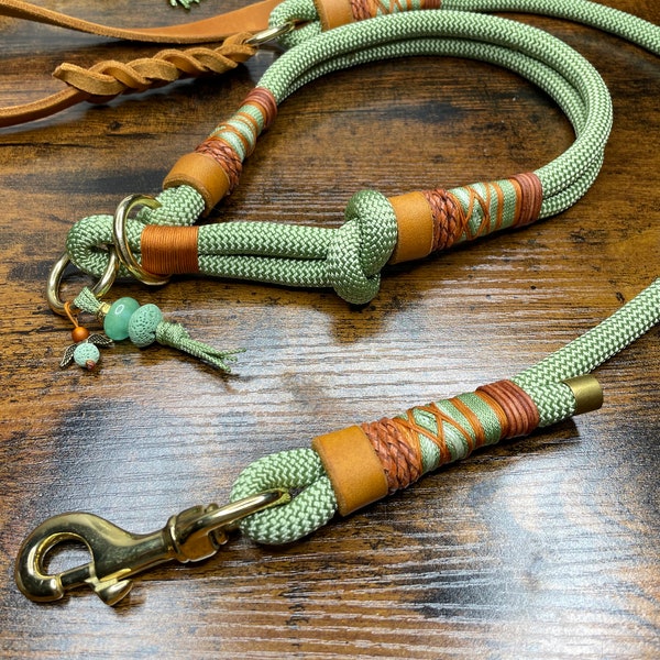 Hundehalsband und Hundeleine aus Tau für Hunde, Zugstopp,mint, grün, Gold