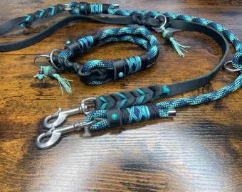 Rope collar and/or leash for dogs, adjustable, petrol, turquoise, extra wide rope collar