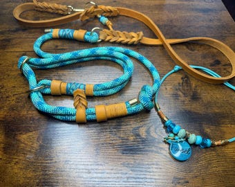 Extra wide retriever leash, 2 m adjustable, petrol, mint, turquoise, cognac with oiled leather