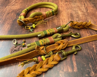 Rope collar, pull stop or adjustable, dog collar, leash made of fat leather, antique brass, pull stop