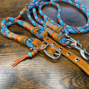 Könnte beinhalten: Ein blaues, orangefarbenes und weißes geflochtenes Hundeleinen- und Halsband-Set mit einem braunen Lederhalsband und silberner Hardware. Das Halsband hat den Schriftzug "Melina" geprägt.