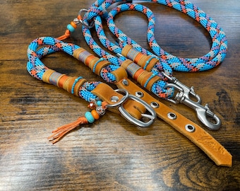 Dog collar and/or dog leash made of rope and oiled leather for dogs, blue, turquoise with beads