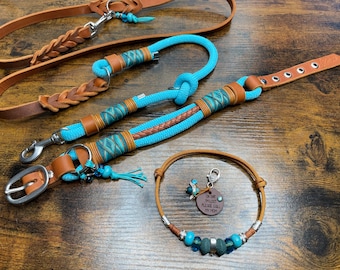 Rope collar and leash stopper for dogs, adjustable, cognac, turquoise, extra wide rope collar