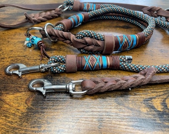 Rope collar or adjustable dog collar and/or leash for dogs, adjustable, brown, petrol, turquoise, extra wide rope collar