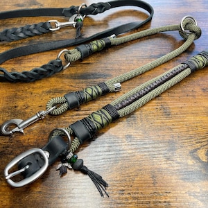 Könnte beinhalten: Drei Hundeleinen, eine aus schwarzem Leder mit geflochtenem Design, eine aus grünem und schwarzem Seil mit einem Metallclip und eine aus grünem und schwarzem Seil mit einem Metallclip und einer silbernen Schnalle.