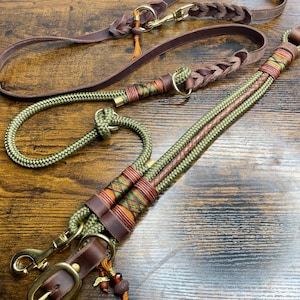 Rope stop or adjustable dog collar and dog leash for dogs, adjustable, olive, brown, cognac, extra wide rope collar