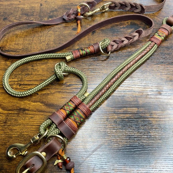 Tauzugstopp or adjustable dog collar and dog leash for dogs, adjustable, olive, brown, cognac, extra wide rope collar