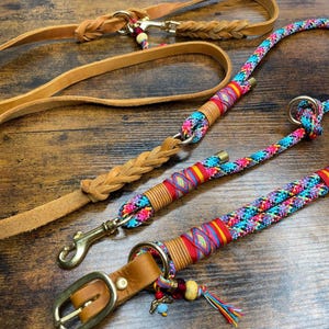Dog collar and dog leash made of rope with fat leather, pull stop or adjustable collar, colorful