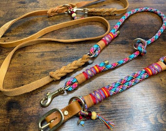 Dog collar and leash made of rope with oiled leather, martingale or adjustable collar, multicolored