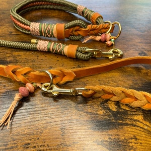 Dew stop, dog collar and dog leash, set, dogs, fat leather, leather, olive, khaki, extra wide, adjustable