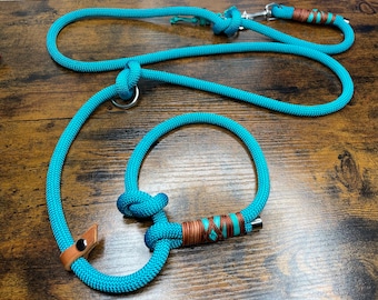 May include: A turquoise blue rope dog leash with a leather handle and a silver metal clip. The leash is knotted and has a brown and turquoise braided accent.