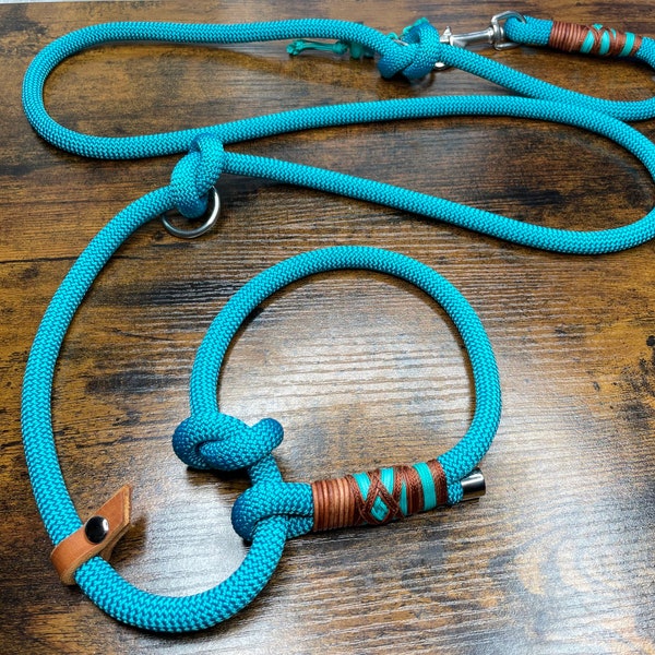 Moxon leash, retriever leash with leather, petrol, turquoise, stainless steel, 2 m adjustable,