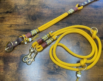 Dog collar and leash for dogs, adjustable, yellow, brown, mustard rope collar