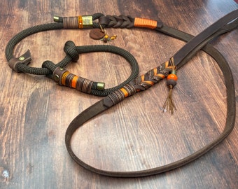 Moxon leash in a unique look, orange, brown, antique brass, martingale stop, adjustable, retriever leash