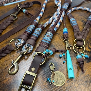 Könnte beinhalten: Ein Set aus braunem Leder und blau gemustertem Seil für Hunde, bestehend aus einer Leine, einem Halsband mit Schnalle und einem passenden Geschirr. Das Set enthält Messingbeschläge, türkisfarbene Perlen und eine runde Messingmarke mit der Gravur Loki und einem Anker.