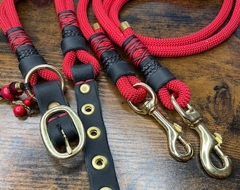 Dog collar and dog leash for dogs, adjustable, red, black, rope collar