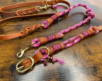 Rope collar and leash for dogs, adjustable, cognac, burgundy, pink, extra wide rope collar