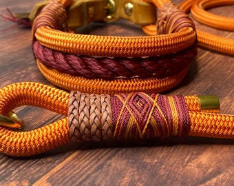 Rope dog collar, extra wide, adjustable, orange, cognac, burgundy