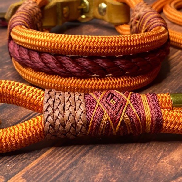 Rope dog collar, extra wide, adjustable, orange, cognac, burgundy