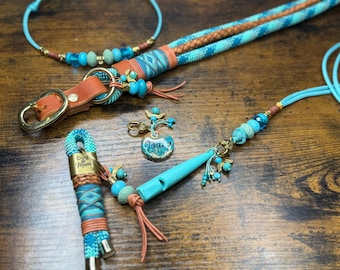Handmade dog accessory set in turquoise and cognac, whistle lanyard with ACME whistle, tag lanyard with beads, dog tag & key ring