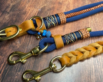 Elegant rope set for dogs, dog collar and/or dog leash in blue, cognac and brass