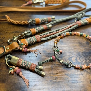 Tauhalsband & Leine Set für Hunde | Oliv Cognac | Messing | Zugstopp oder verstellbar | Handgemachtes Hundehalsband | Serpentina Kollektion