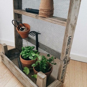 Wooden shelves made from old sorting boxes for the garden, workshop or at home, vintage rustic design