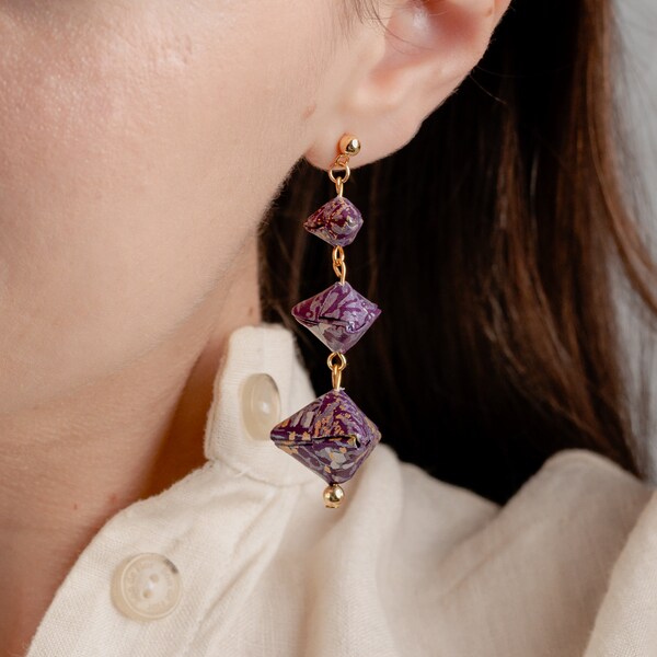 Boucles d'Oreilles Pendantes Origami "Violet Lavande" | Bijoux Femme Fait Main en Acier Inoxydable | Bijoux Élégant | Cadeau Femme Provence