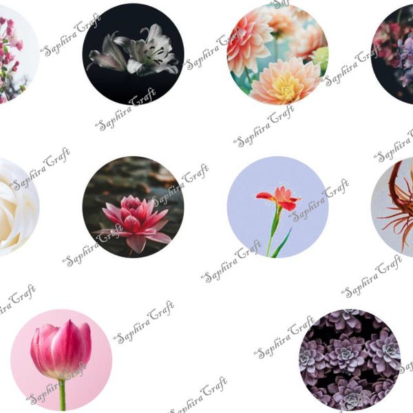 Fleurs - 10 images digitales à imprimer pour bijoux et cabochons 50-30 / 25-20 / 18-16 / 14-12-10 mm