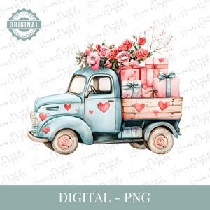Vintage Valentine’s Truck PNG Clipart - Retro Pink Farm Truck with Gifts & Flowers - Digital Download
