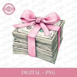 Clipart di alta qualità con pila di soldi e fiocco rosa / PNG di denaro Coquette / Adesivi estetici di denaro vecchio / Clipart di bilancio / Download digitale