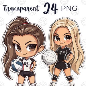 Paquete de 24 imágenes prediseñadas de chicas de voleibol chibi: PNG chibi kawaii, regalos de voleibol, imágenes prediseñadas de mamás de voleibol, diseños de camisetas de voleibol