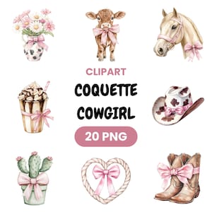 Coquette Cowgirl Clipart Pack | 20 PNG Digital Download | Pink Bow, Cowgirl Boots, and Coastal Cowgirl Art for Invitations and Stickers