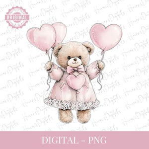 Coquette Teddy Bear Clipart PNG, Pink Heart Balloon Bear Illustration, Kawaii Valentine’s Day Digital Download, Cute Nursery Art, 4000x4000
