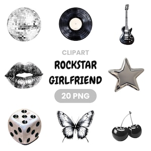 Paquete de imágenes prediseñadas de novia estrella de rock: 20 PNG / Imágenes prediseñadas de guitarra eléctrica, bola de discoteca, grunge y estrella de rock / Descarga digital instantánea