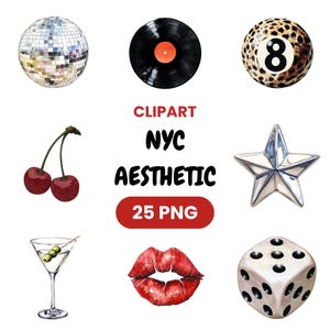 Pacchetto di clip art estetiche di New York / 25 file PNG, palla da discoteca, stampa leopardata, adesivi Y2K, stampe di ragazze cittadine, ciliegia alla moda e altro ancora